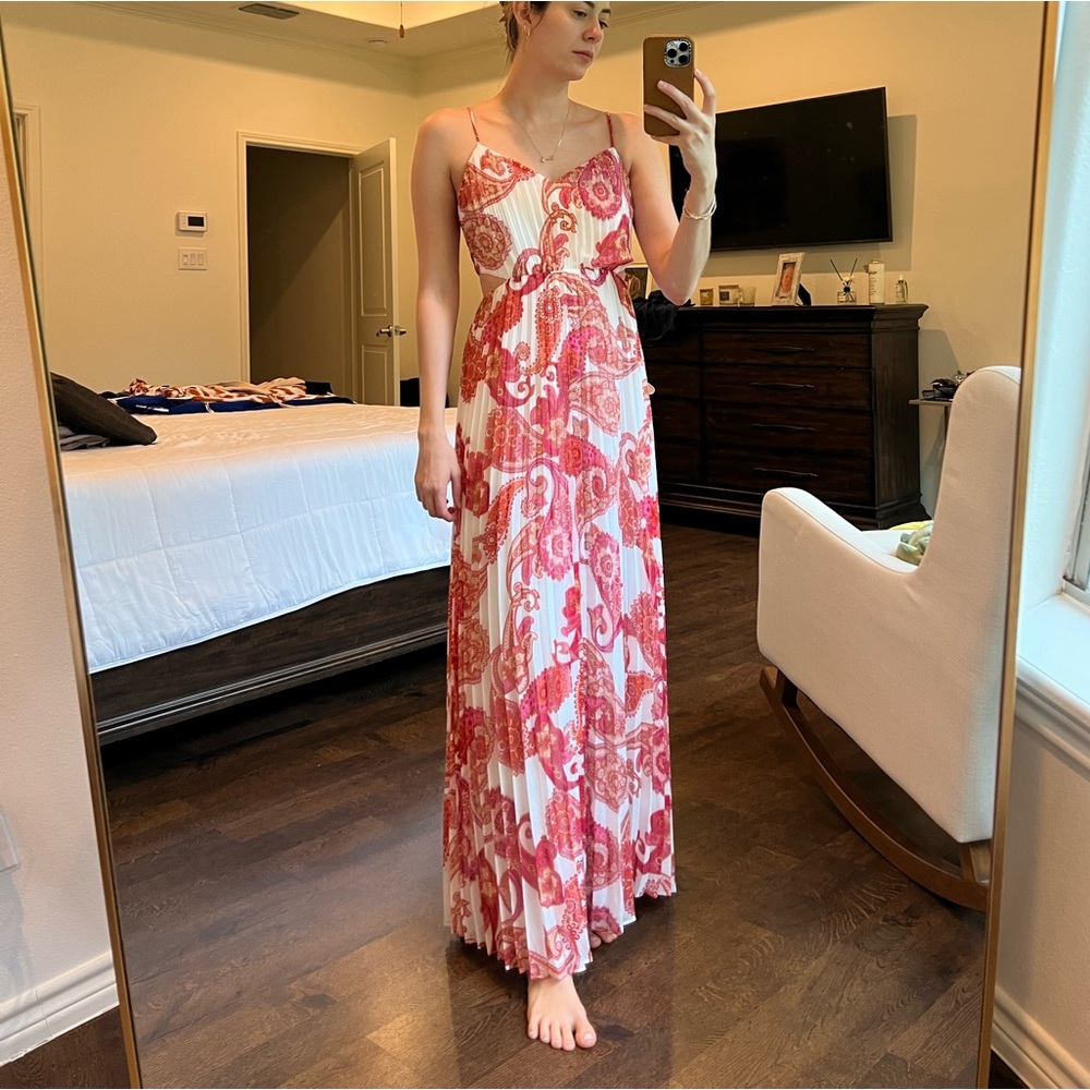 Paisley Pleated Side Cutout Maxi Dress